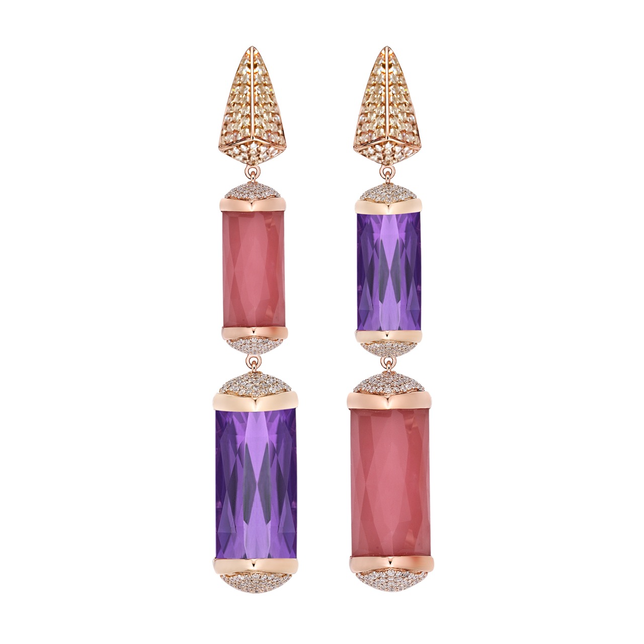 GUAVA QUARTZ AND AMETHYST DROP EARRING